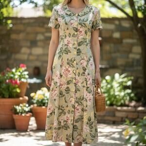 Ellen Ashley Vintage Cottagecore Floral Midi Dress Women’s 4 Green Pink